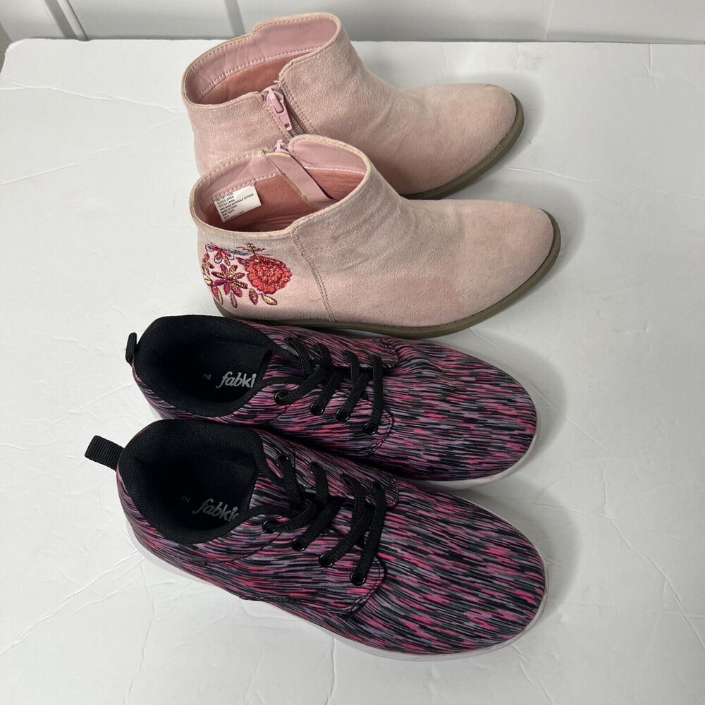 2 pair of girls size 2 shoes, Fabkids sneakers & embroidered boots